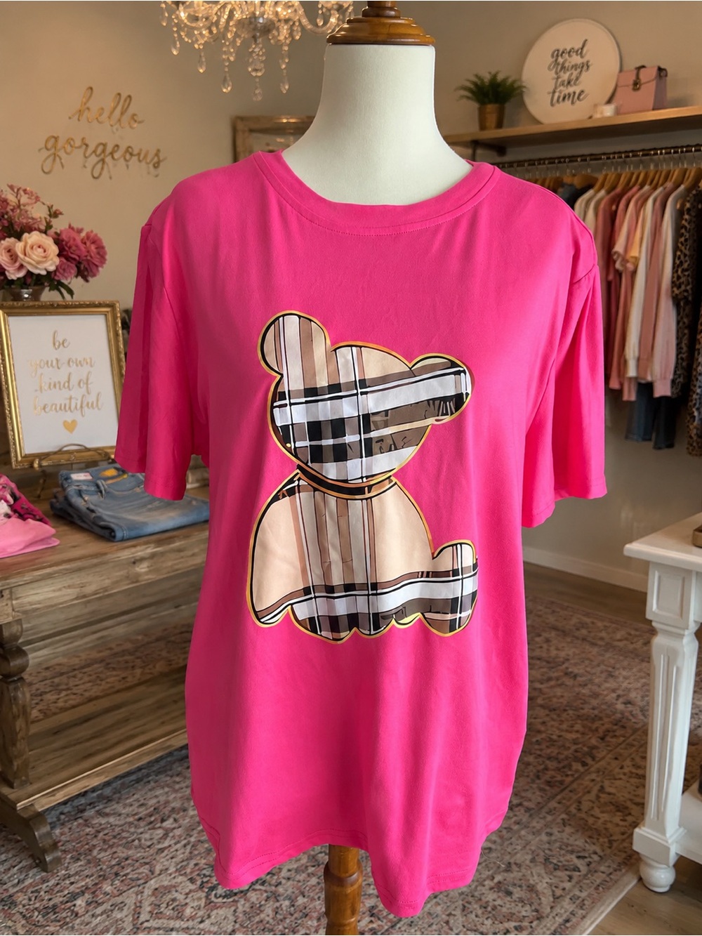 Pink Short-Sleeve Bear Graphic Tee Size Large EUC - Picture 2 of 6